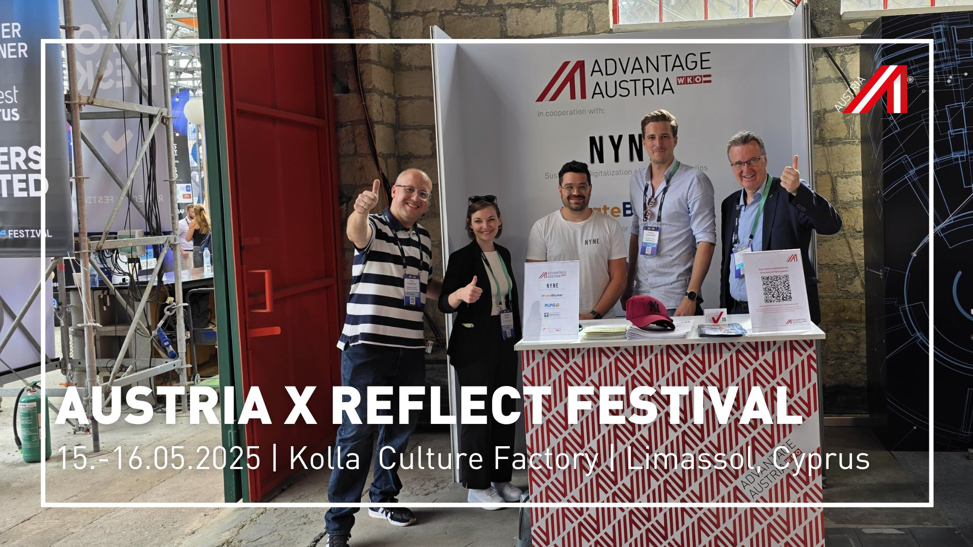 From left to right: Nikos Karageorgos, Manuela Sandler, Erich Kotroczo (Cloud NYNE GmbH), Thaddäus Leutzendorff (fairesNetz phi GmbH 'hateBlocker') and Christoph Sturm at the AUSTRIA booth. © ADVANTAGE AUSTRIA/AußenwirtschaftsCenter Athen © ADVANTAGE AUSTRIA/AußenwirtschaftsCenter Athen